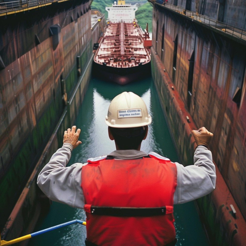 Logistics worker in a safety vest and helmet directing a large cargo ship through a narrow canal, representing the challenges of managing international freight shipments.